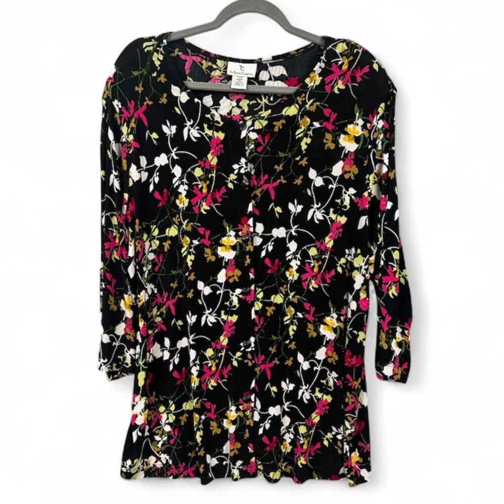 The Travel Collection Button Down Stretch Cardigan 1X Dark Floral Liquid Knit
